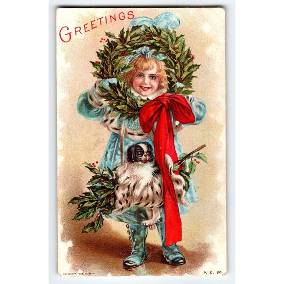 1908 Vintage Christmas Postcard Sweet Girl with Wreath & Dog Red Bow - Picture 1 of 2